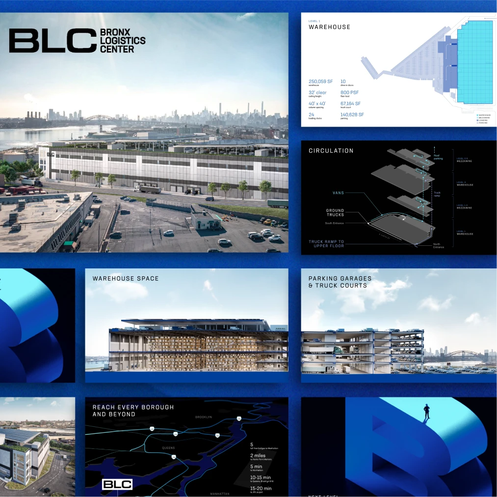 Bronx Logistics Center marketing board showcasing warehouse renderings floor plans circulation diagrams and transportation infrastructure