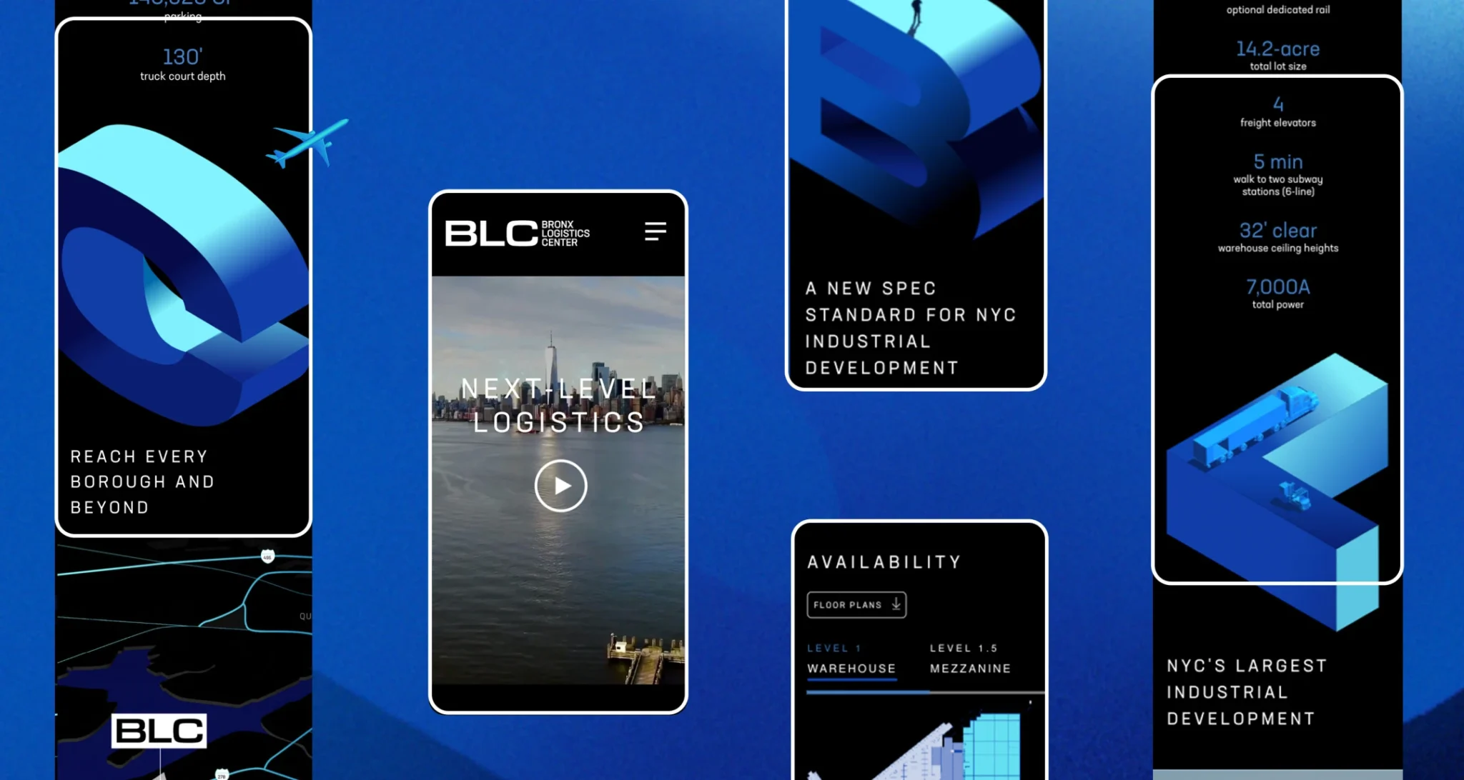 Bronx Logistics Center mobile website mockups showcasing logistics branding warehouse availability and industrial development information