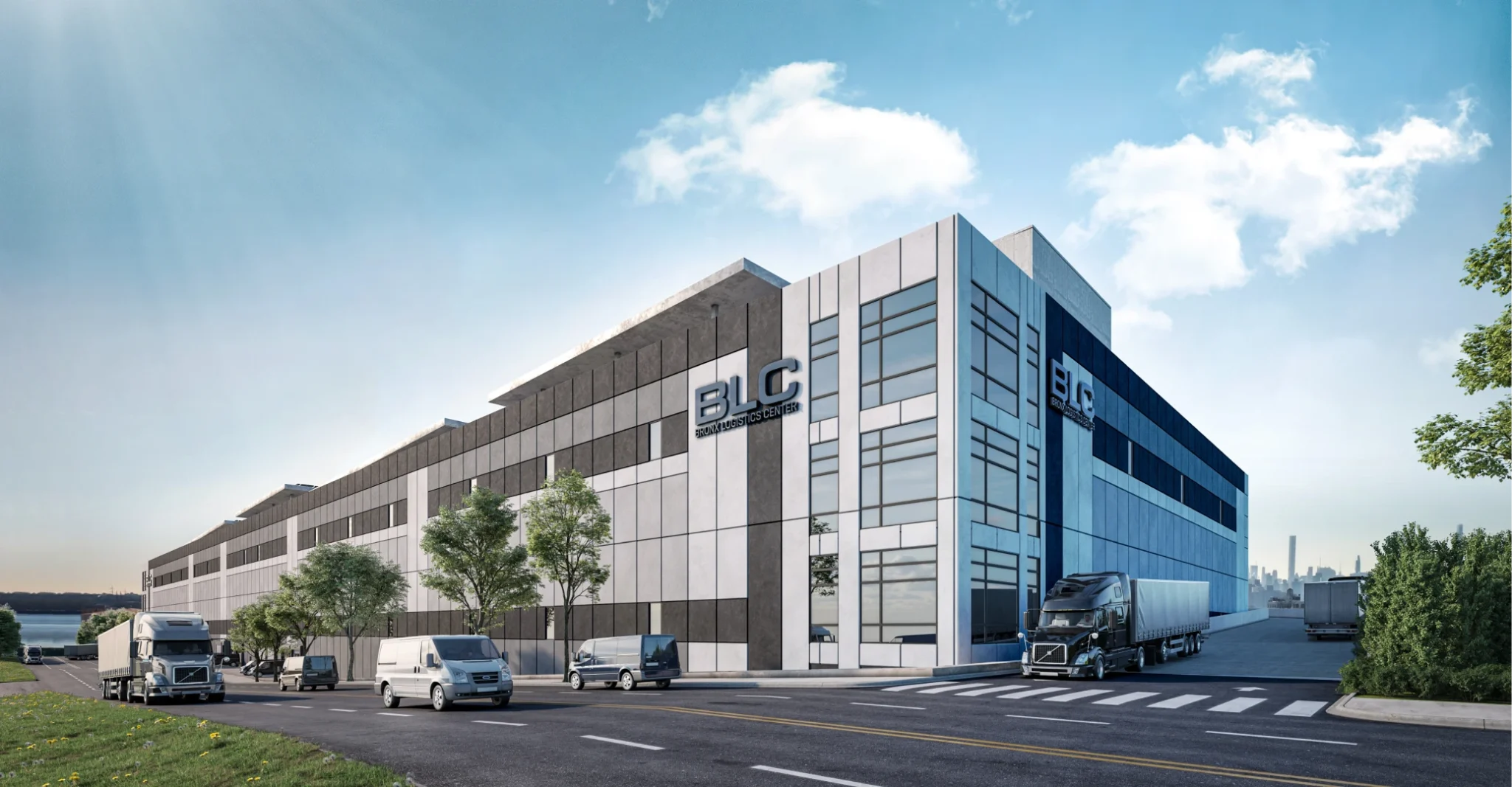 Modern Bronx Logistics Center warehouse exterior with semi trucks delivery vans and contemporary industrial architecture