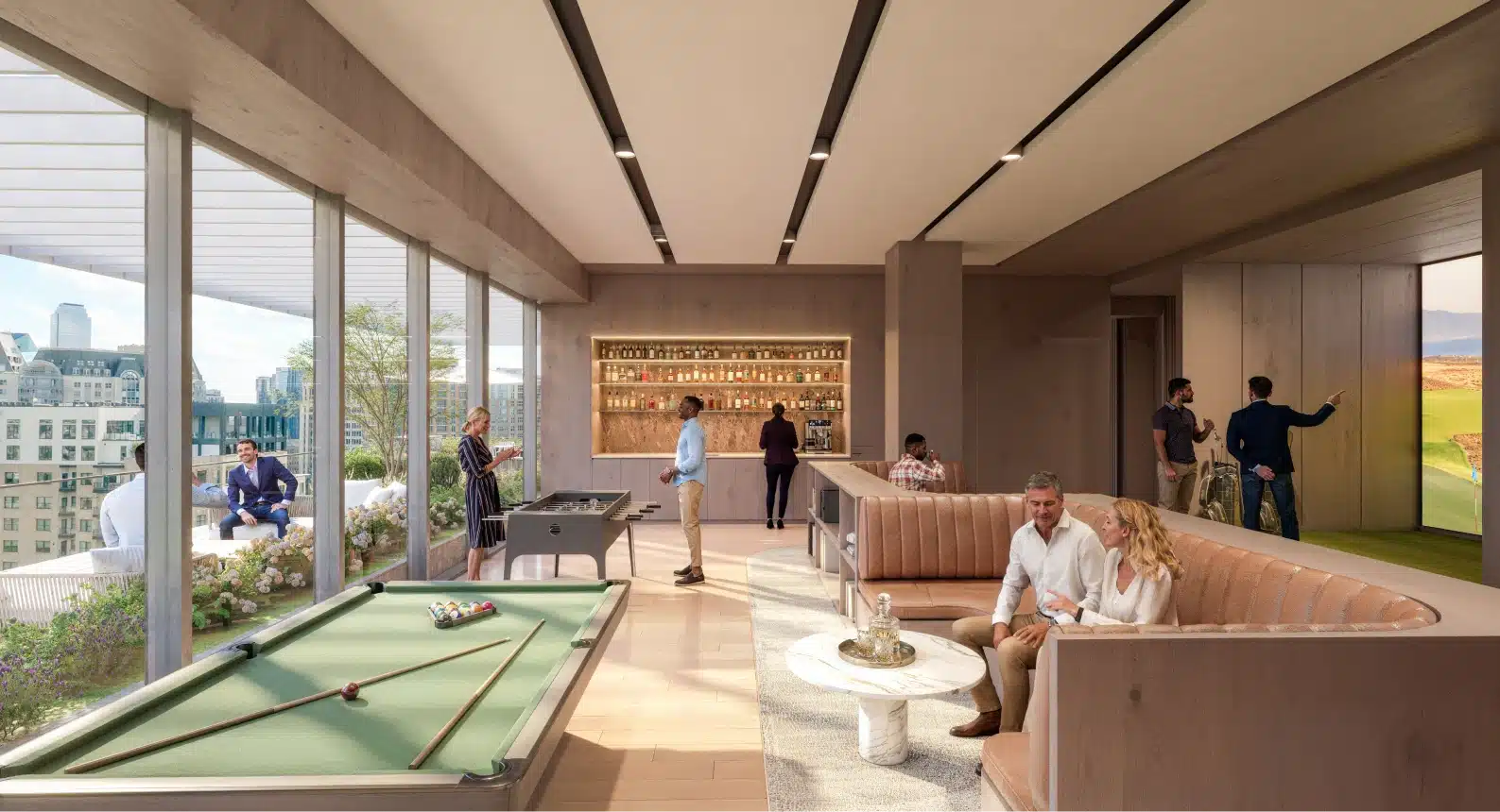 Contemporary resident lounge offering billiards, comfortable seating, entertainment, bar, and panoramic downtown Dallas views indoors