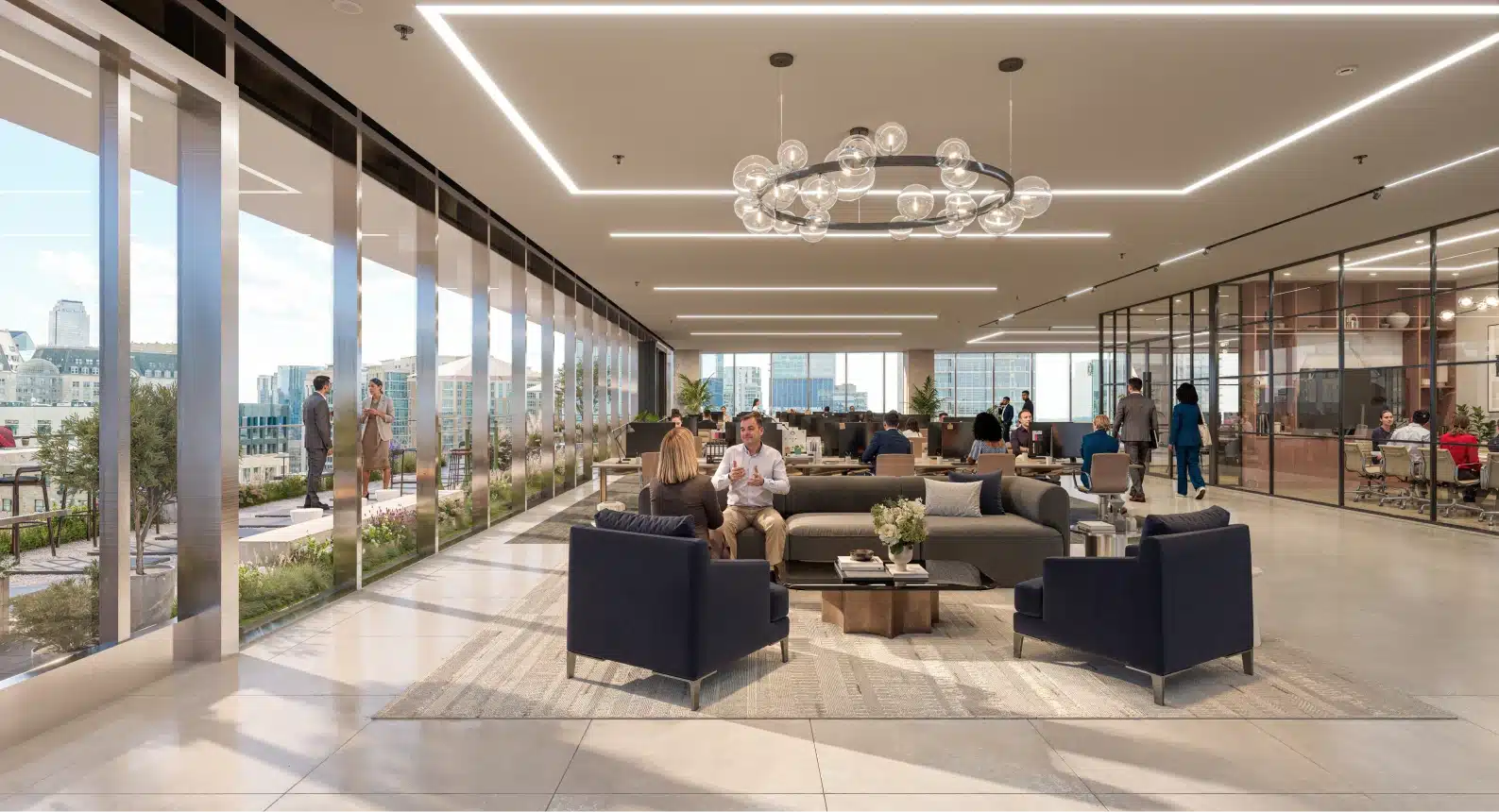 Modern office workspace with collaborative lounge floor to ceiling windows contemporary furnishings and rooftop terrace access