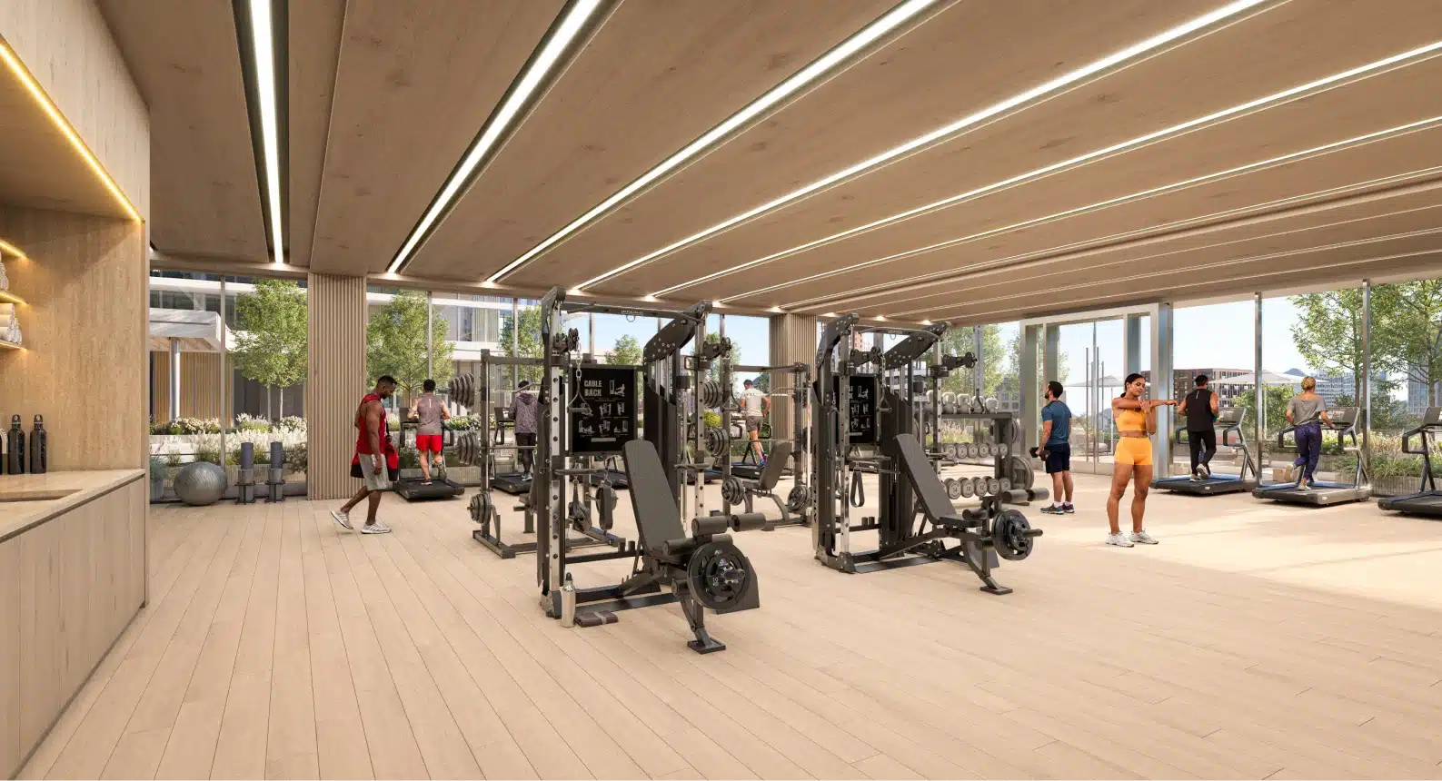 Luxury residential gym featuring free weights functional training equipment treadmills and contemporary wellness amenities throughout