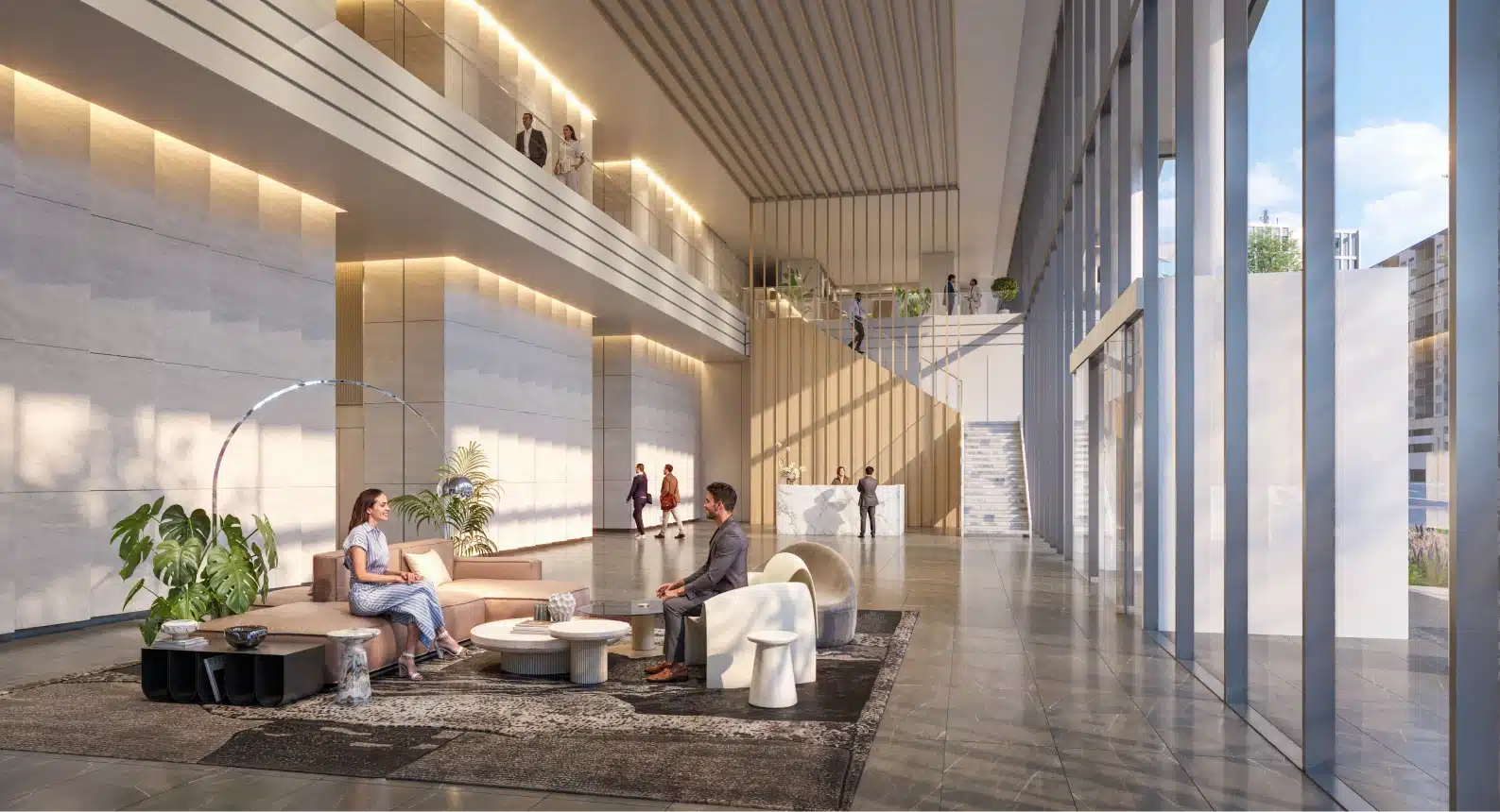 Contemporary office lobby with soaring ceilings elegant seating floor to ceiling windows and welcoming reception area