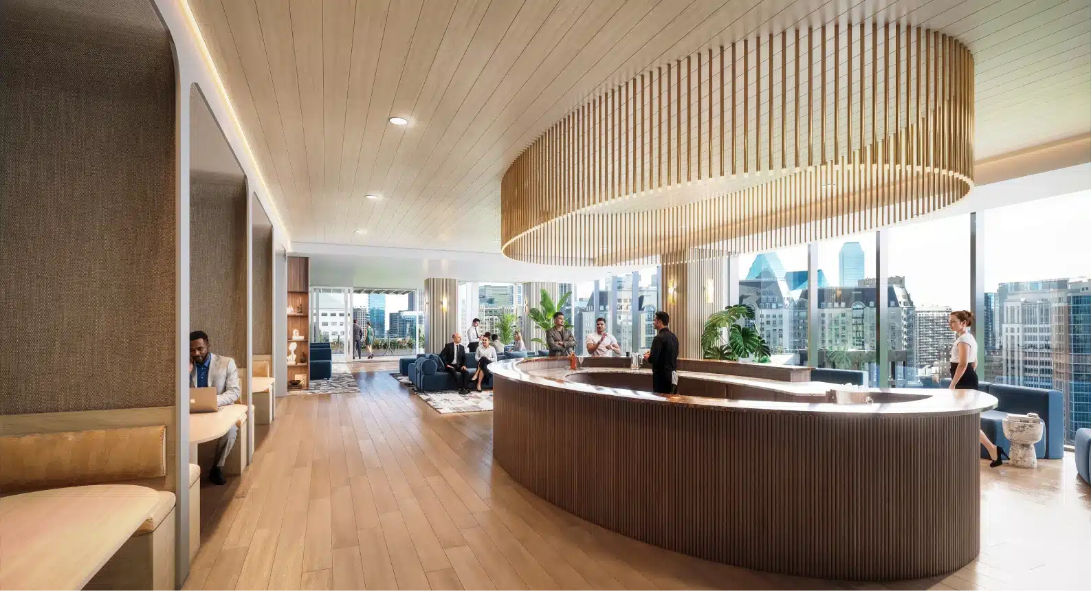 Modern office reception area with curved wooden desk panoramic city skyline and collaborative lounge seating