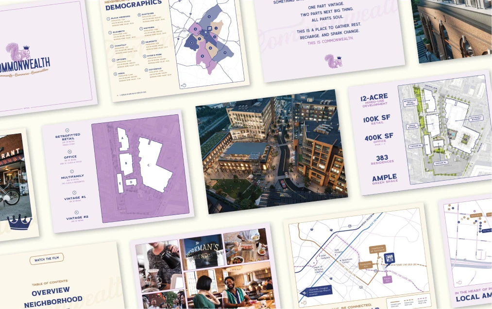 Commonwealth Plaza presentation collage featuring site plans, community branding, aerial rendering, and demographics