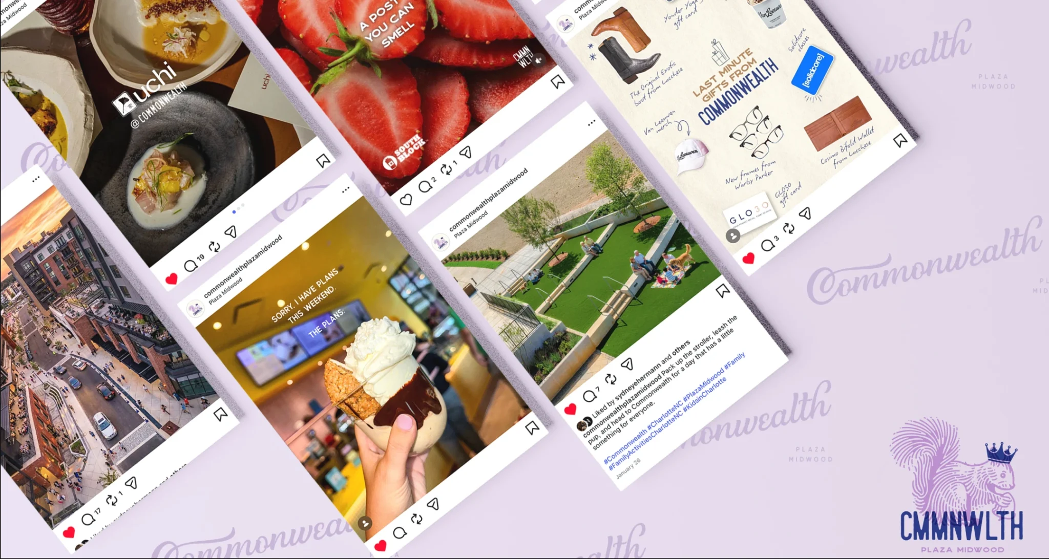 Social media posts highlighting Commonwealth Plaza Midwood restaurants, outdoor spaces, retail, and events