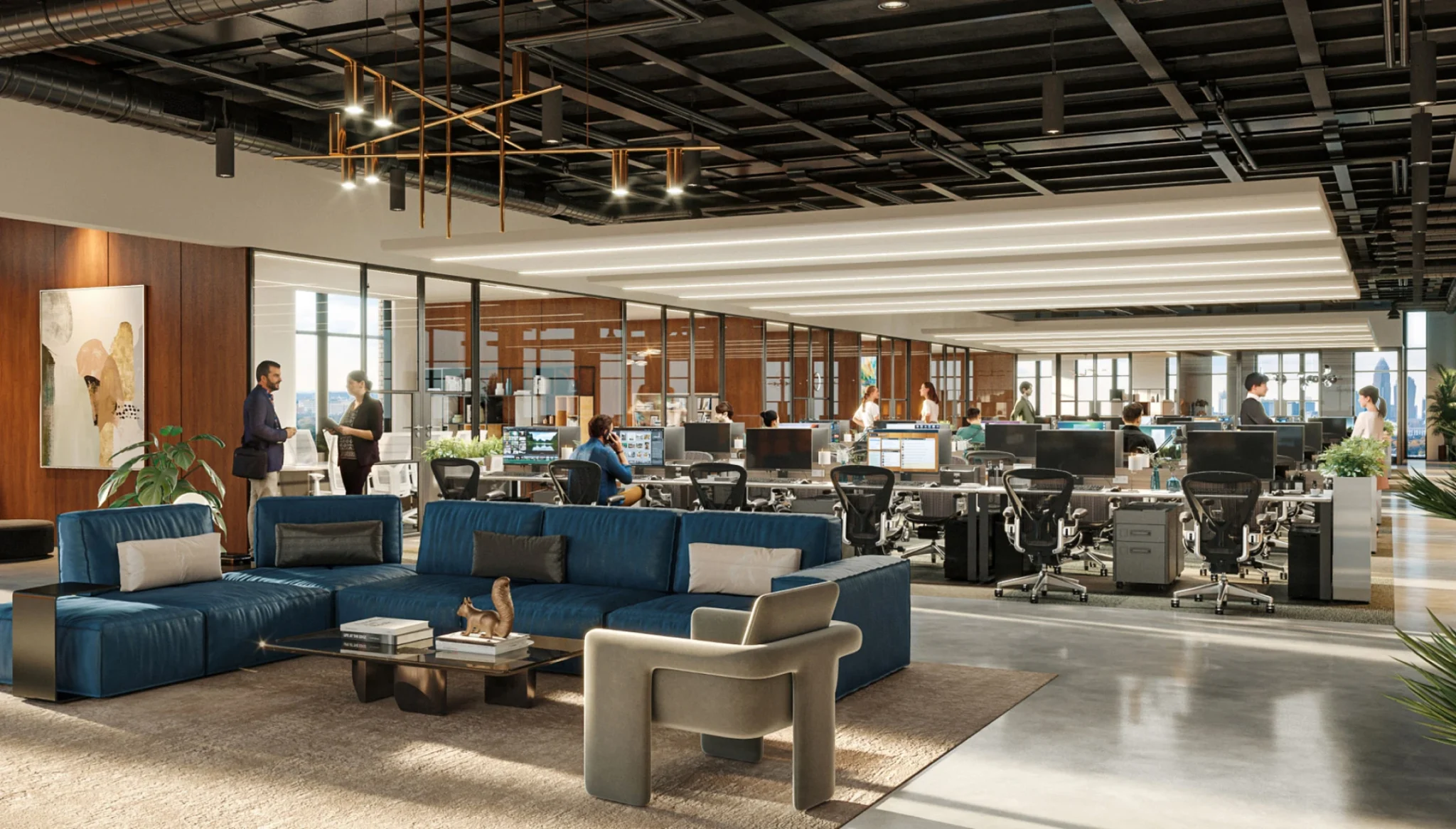 Spacious contemporary workplace with open desks, glass offices, stylish lighting, and collaborative lounge