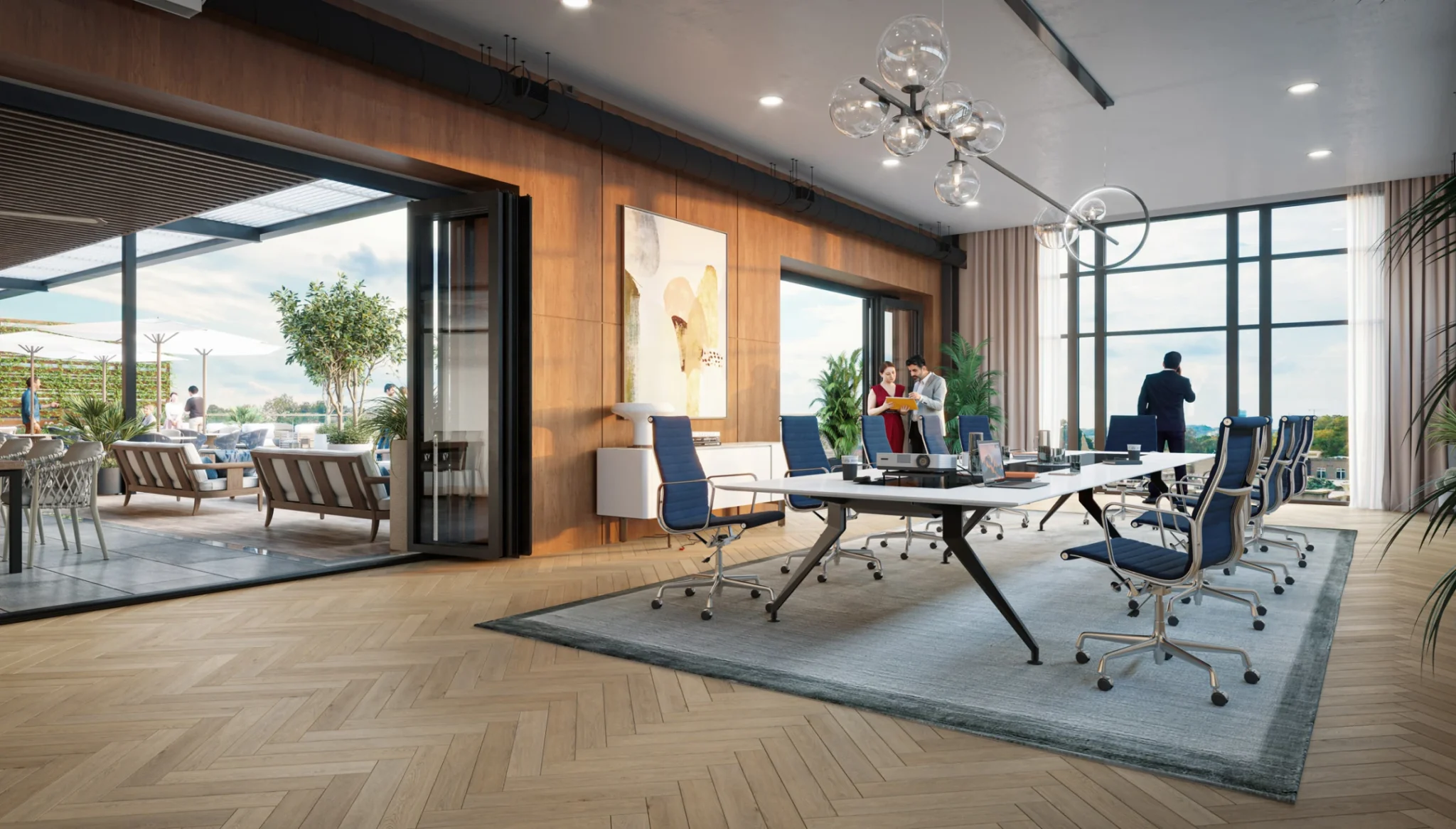 Contemporary office meeting room featuring blue chairs, statement lighting, and adjoining outdoor terrace