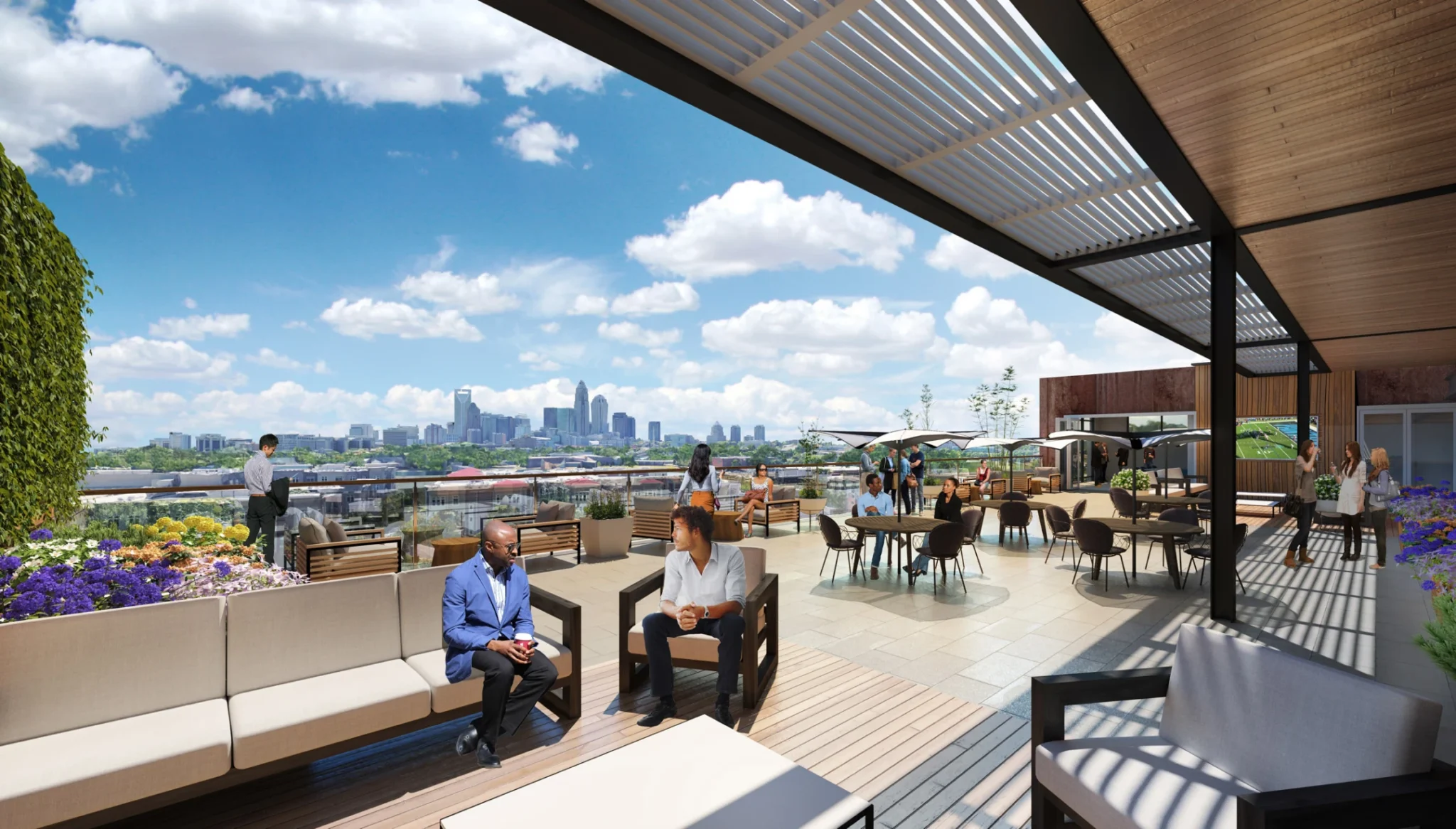 Rooftop terrace with skyline views, landscaped gardens, shaded seating, and collaborative gathering spaces