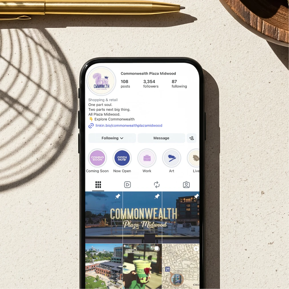 Instagram page for Commonwealth Plaza Midwood shopping destination shown on modern smartphone screen