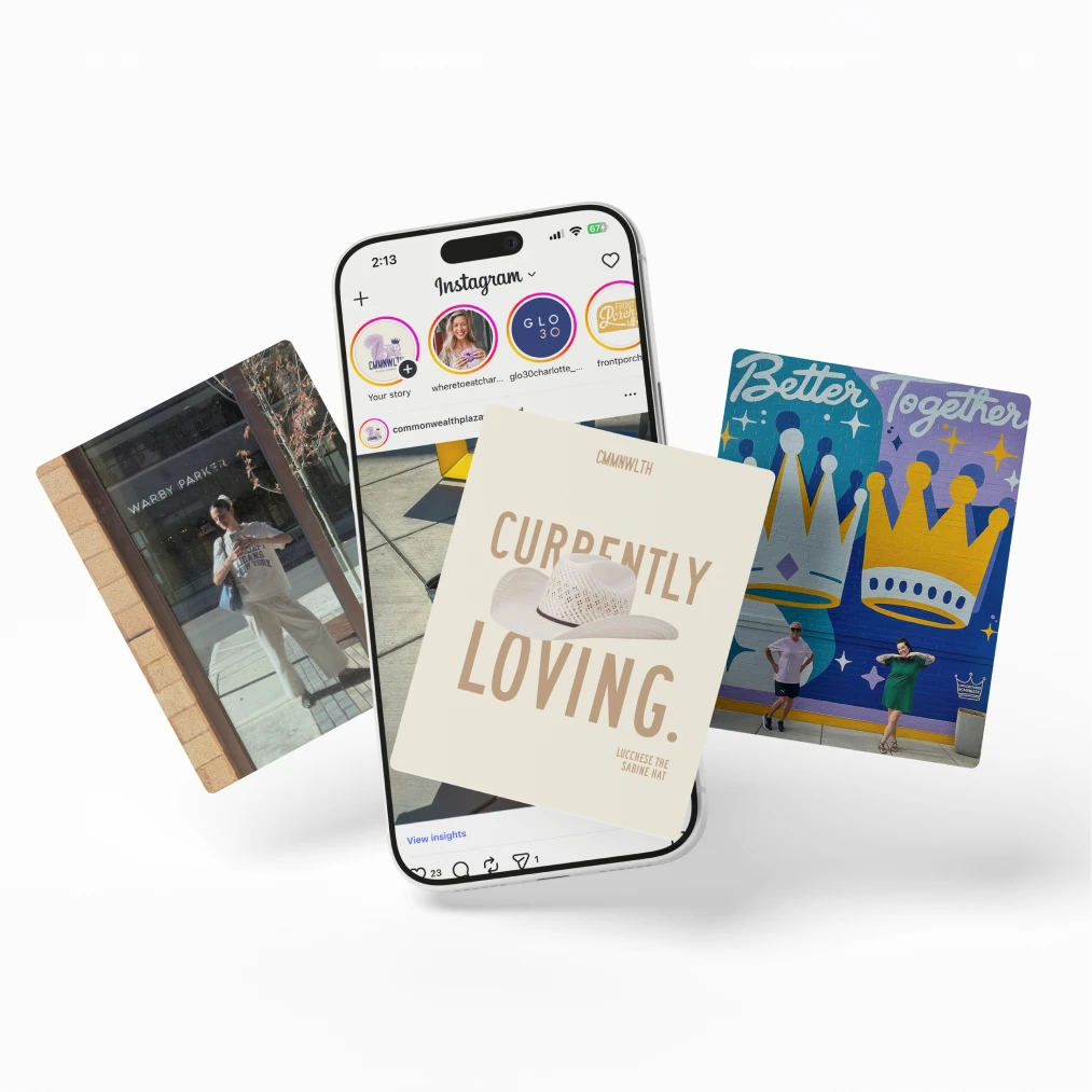 Commonwealth Plaza social media campaign showcasing Charlotte shopping, murals, fashion, and community experiences